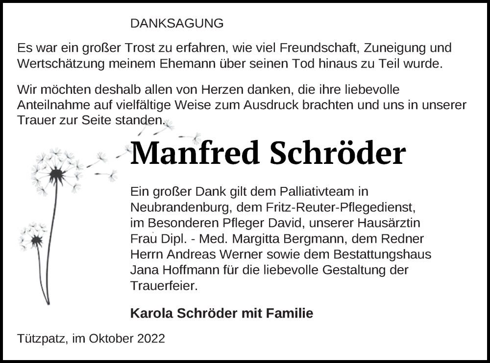  Traueranzeige für Manfred Schröder vom 07.10.2022 aus Neubrandenburger Zeitung