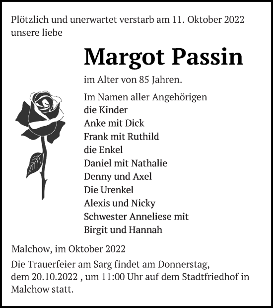 Traueranzeige von Margot Passin von Müritz-Zeitung