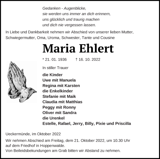 Traueranzeige von Maria Ehlert von Haff-Zeitung