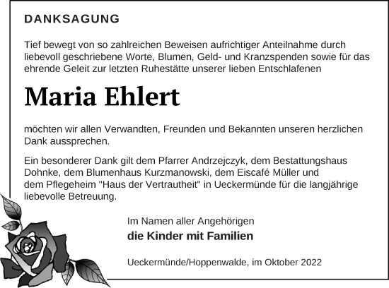 Traueranzeige von Maria Ehlert von Haff-Zeitung