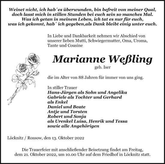 Traueranzeige von Marianne Weßling von Pasewalker Zeitung