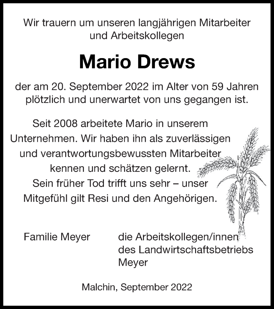  Traueranzeige für Mario Drews vom 01.10.2022 aus Mecklenburger Schweiz
