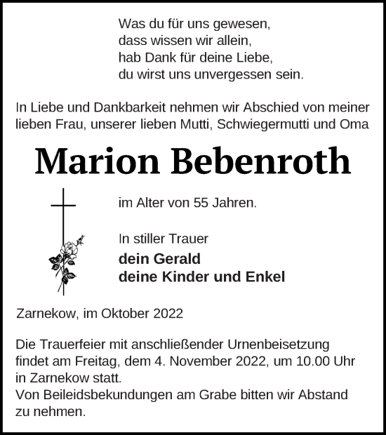 Traueranzeige von Marion Bebenroth von Mecklenburger Schweiz