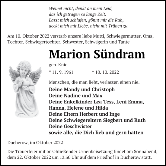 Traueranzeige von Marion Sündram von Vorpommern Kurier