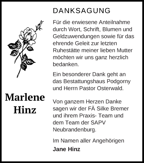 Traueranzeige von Marlene Hinz von Strelitzer Zeitung