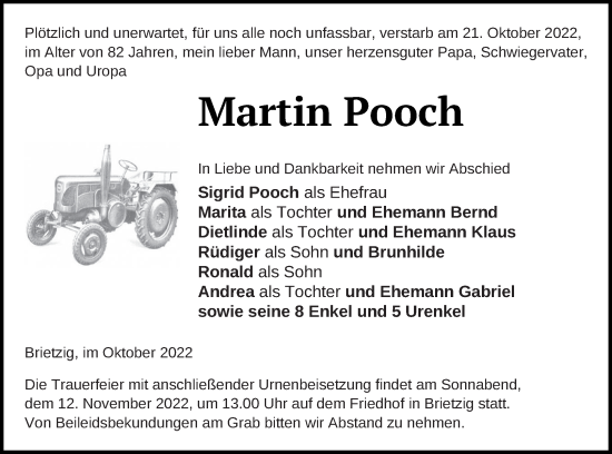 Traueranzeige von Martin Pooch von Pasewalker Zeitung