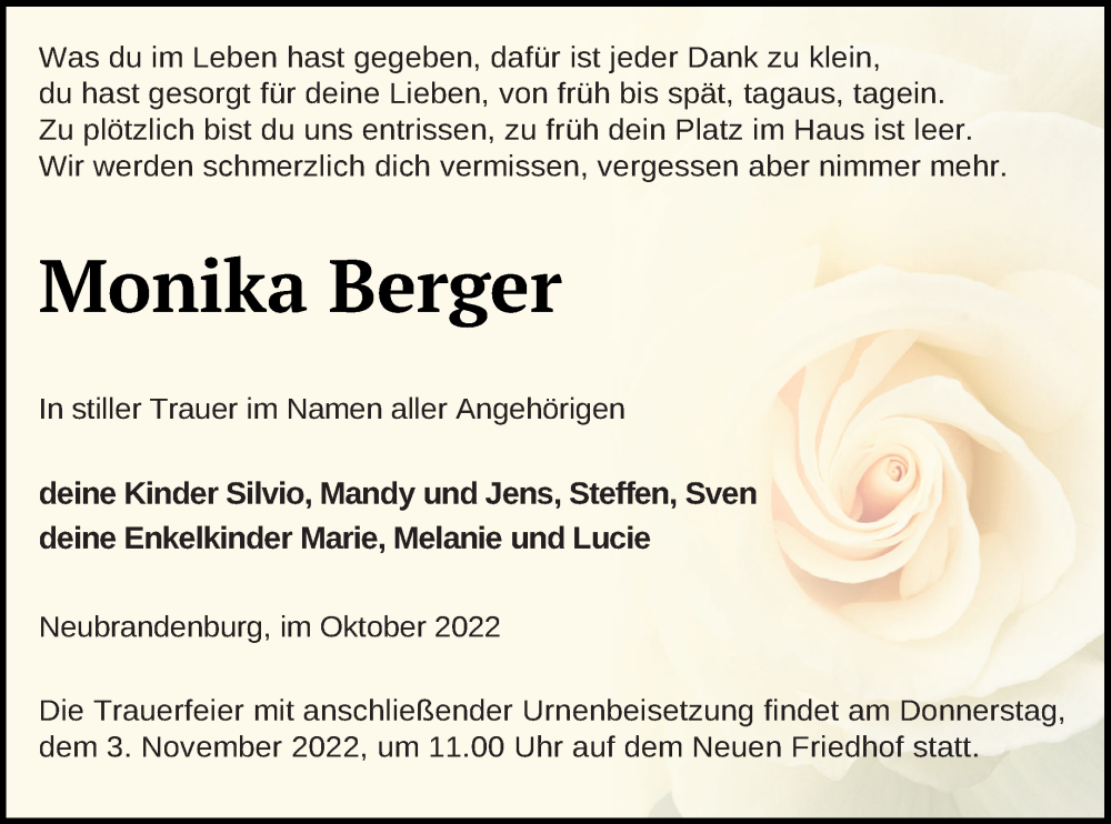  Traueranzeige für Monika Berger vom 18.10.2022 aus Neubrandenburger Zeitung