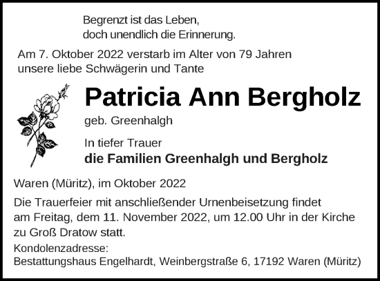 Traueranzeige von Patricia Ann Bergholz von Müritz-Zeitung