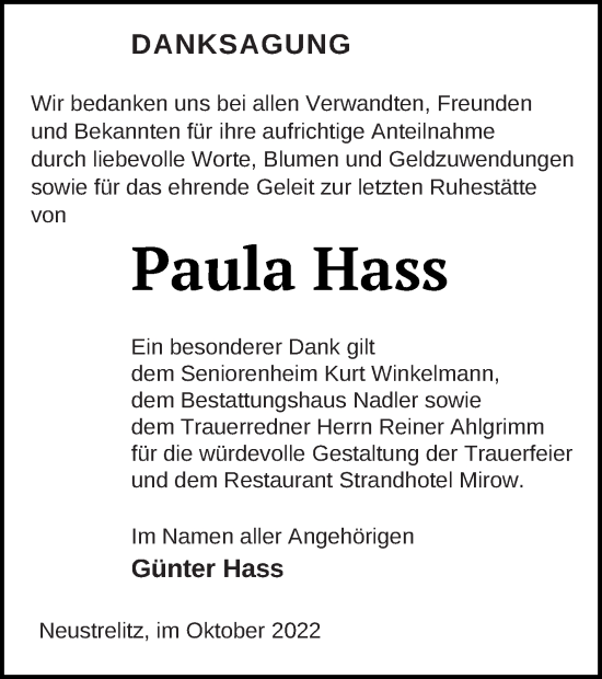 Traueranzeige von Paula Hass von Strelitzer Zeitung