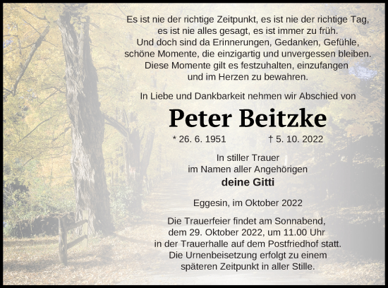 Traueranzeige von Peter Beitzke von Haff-Zeitung