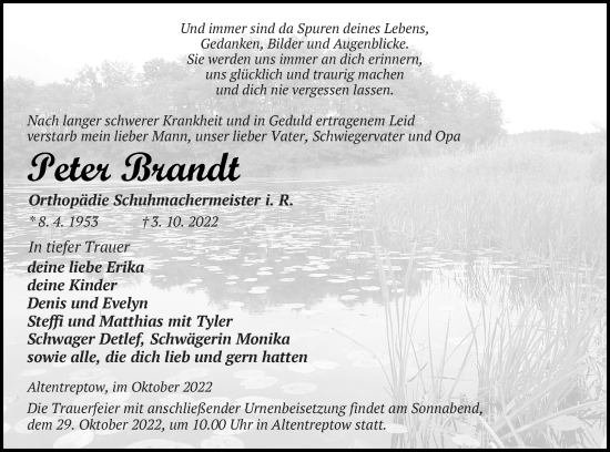 Traueranzeige von Peter Brandt von Neubrandenburger Zeitung