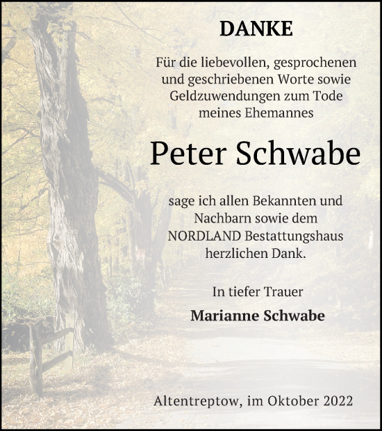 Traueranzeige von Peter Schwabe von Neubrandenburger Zeitung