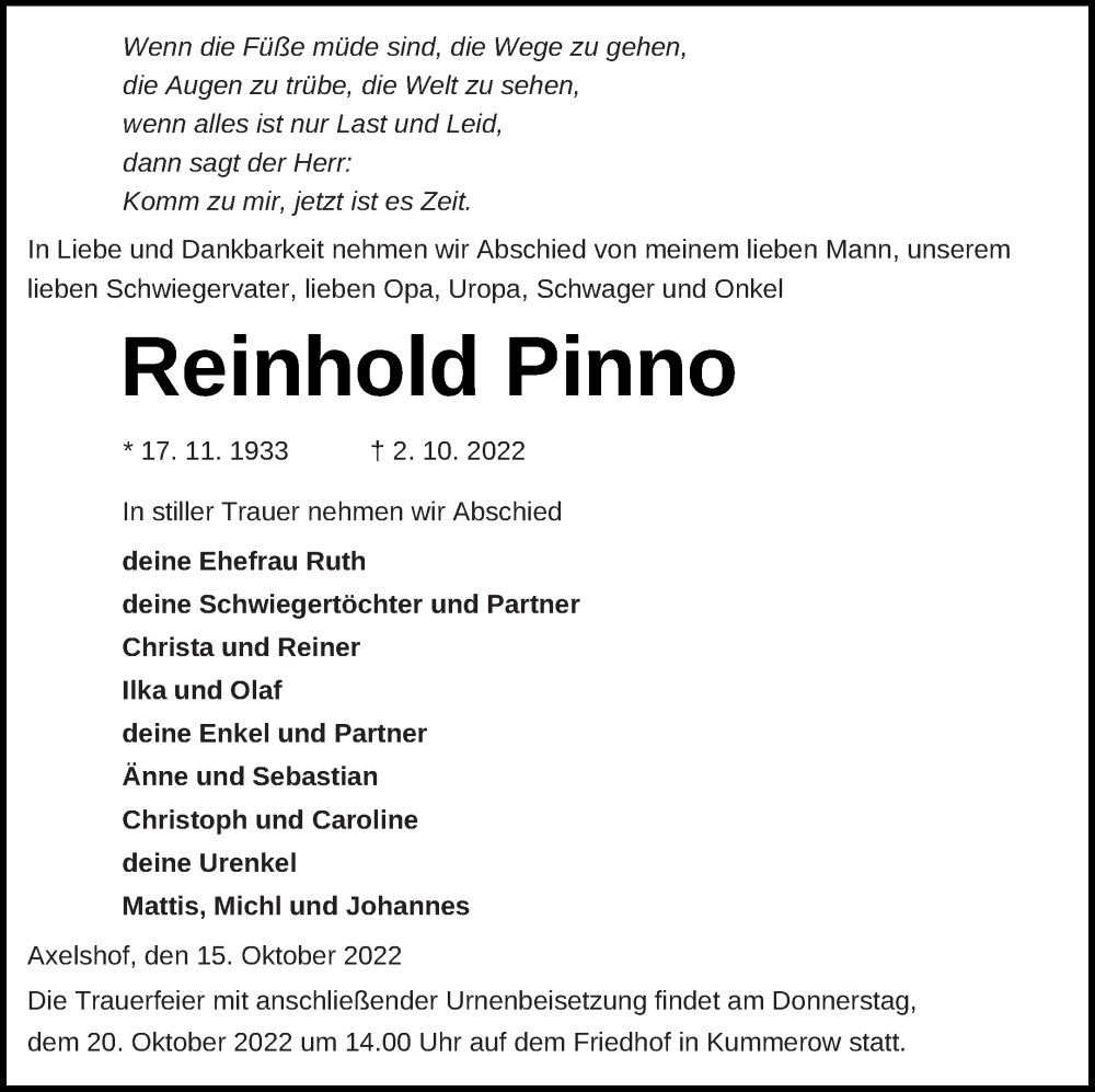  Traueranzeige für Reinhold Pinno vom 15.10.2022 aus Mecklenburger Schweiz