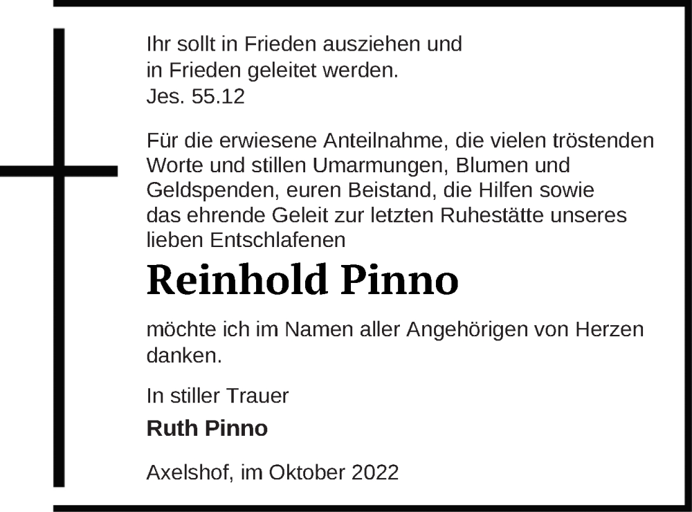  Traueranzeige für Reinhold Pinno vom 26.10.2022 aus Mecklenburger Schweiz