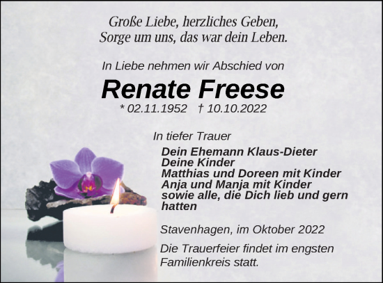 Traueranzeige von Renate Freese von Mecklenburger Schweiz