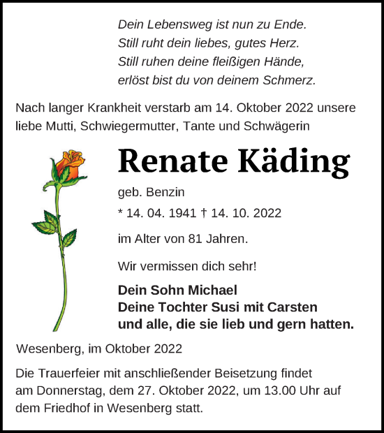 Traueranzeige von Renate Käding von Strelitzer Zeitung