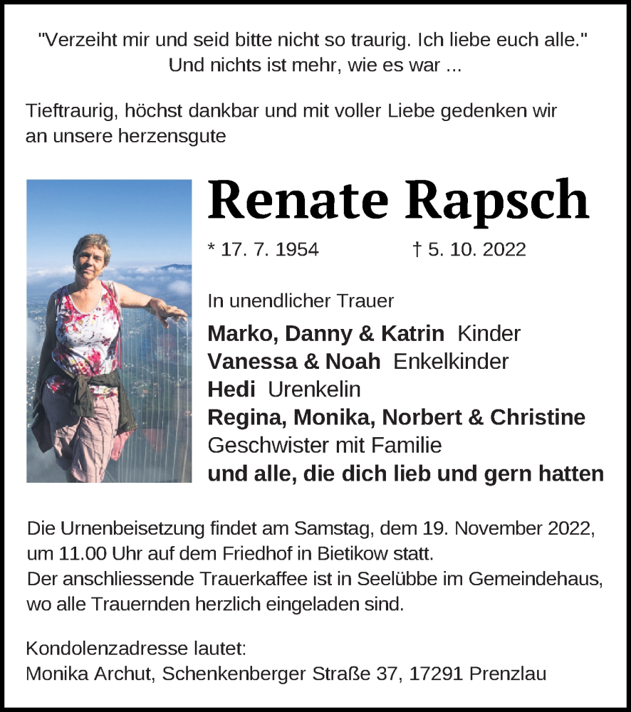  Traueranzeige für Renate Rapsch vom 19.10.2022 aus Prenzlauer Zeitung