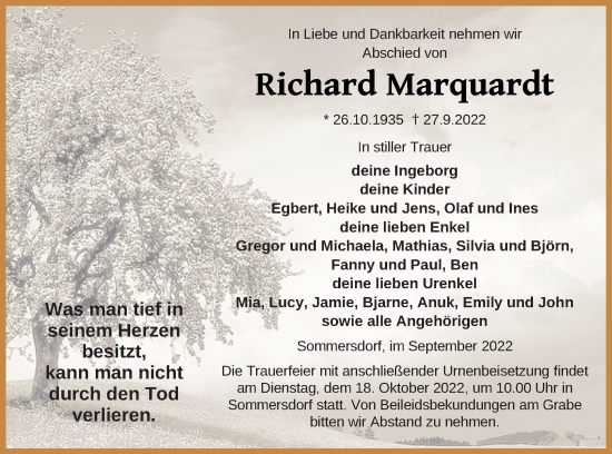 Traueranzeige von Richard Marquardt von Demminer Zeitung