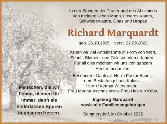 Traueranzeige von Richard Marquardt von Demminer Zeitung