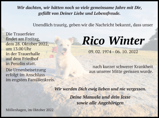 Traueranzeige von Rico Winter von Müritz-Zeitung