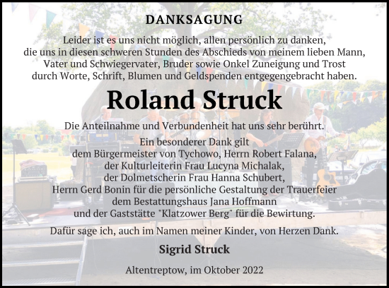 Traueranzeige von Roland Struck von Neubrandenburger Zeitung