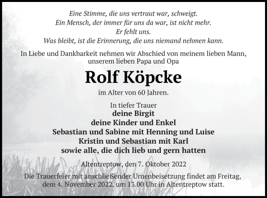 Traueranzeige von Rolf Köpcke von Neubrandenburger Zeitung