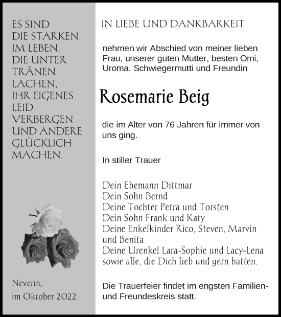 Traueranzeige von Rosemarie Beig von Neubrandenburger Zeitung