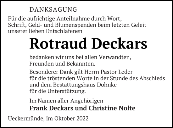 Traueranzeige von Rotraud Deckars von Haff-Zeitung