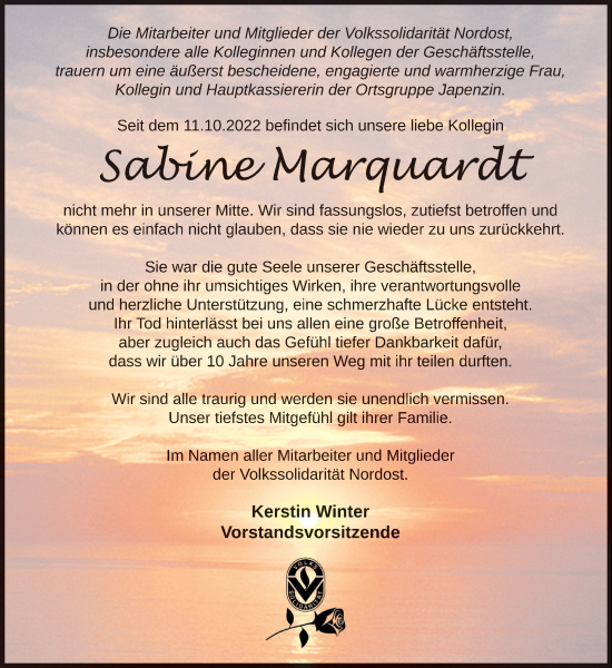 Traueranzeige von Sabine Marquardt von Vorpommern Kurier