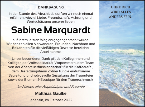 Traueranzeige von Sabine Marquardt von Vorpommern Kurier