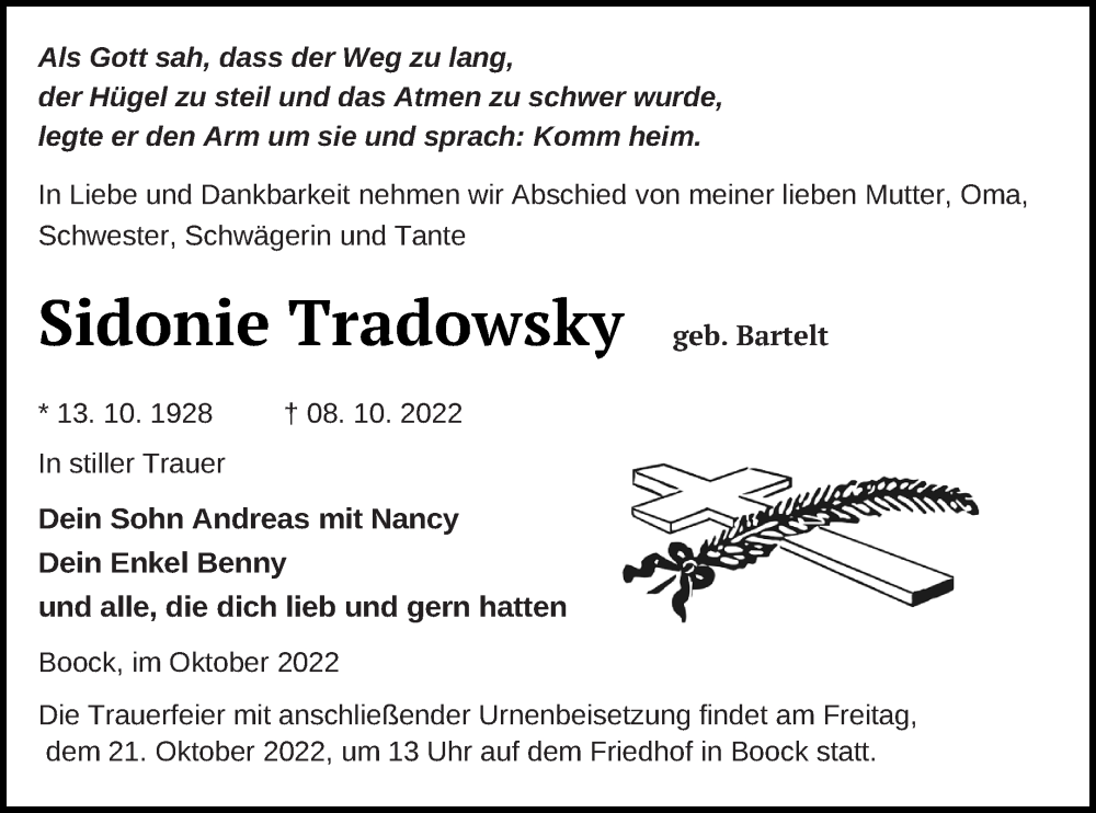  Traueranzeige für Sidonie Tradowsky vom 15.10.2022 aus Pasewalker Zeitung