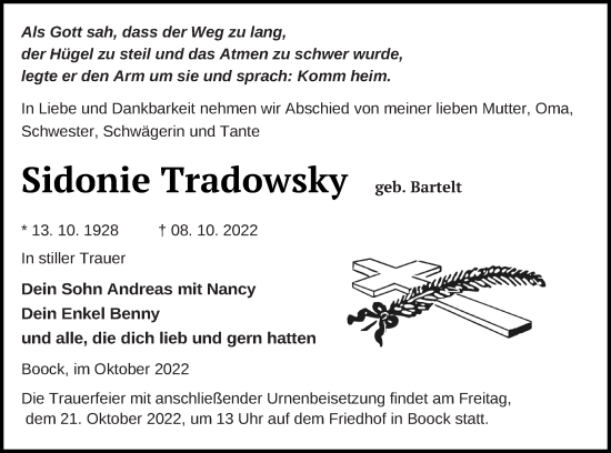 Traueranzeige von Sidonie Tradowsky von Pasewalker Zeitung