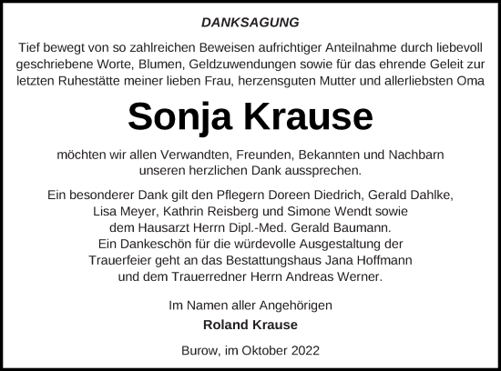 Traueranzeige von Sonja Krause von Neubrandenburger Zeitung