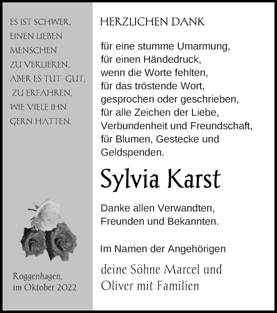 Traueranzeige von Sylvia Karst von Neubrandenburger Zeitung