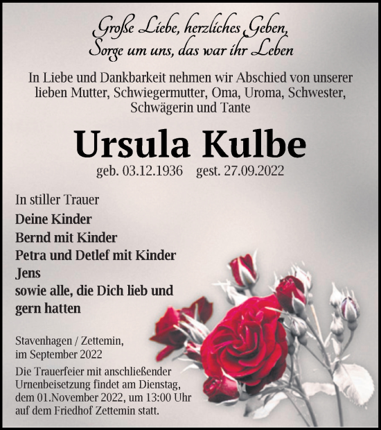 Traueranzeige von Ursula Kulbe von Mecklenburger Schweiz