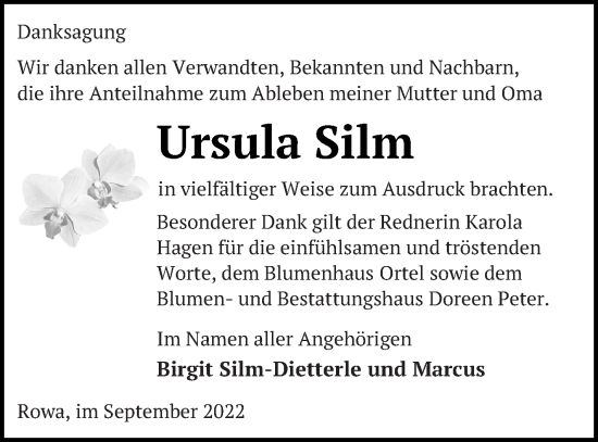 Traueranzeige von Ursula Silm von Neubrandenburger Zeitung