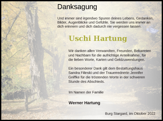 Traueranzeige von Uschi Hartung von Neubrandenburger Zeitung