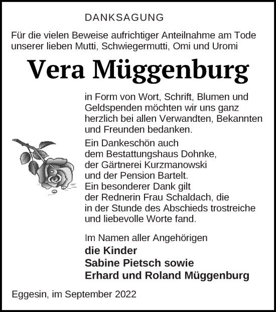 Traueranzeige von Vera Müggenburg von Haff-Zeitung