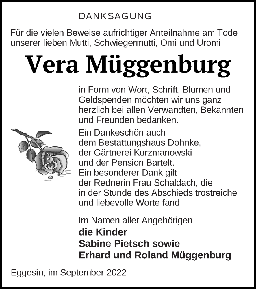  Traueranzeige für Vera Müggenburg vom 01.10.2022 aus Haff-Zeitung