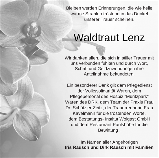 Traueranzeige von Waldtraut Lenz von Müritz-Zeitung