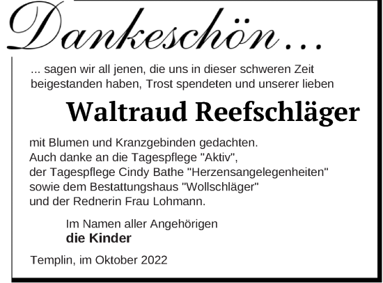 Traueranzeige von Waltraud Reefschläger von Templiner Zeitung
