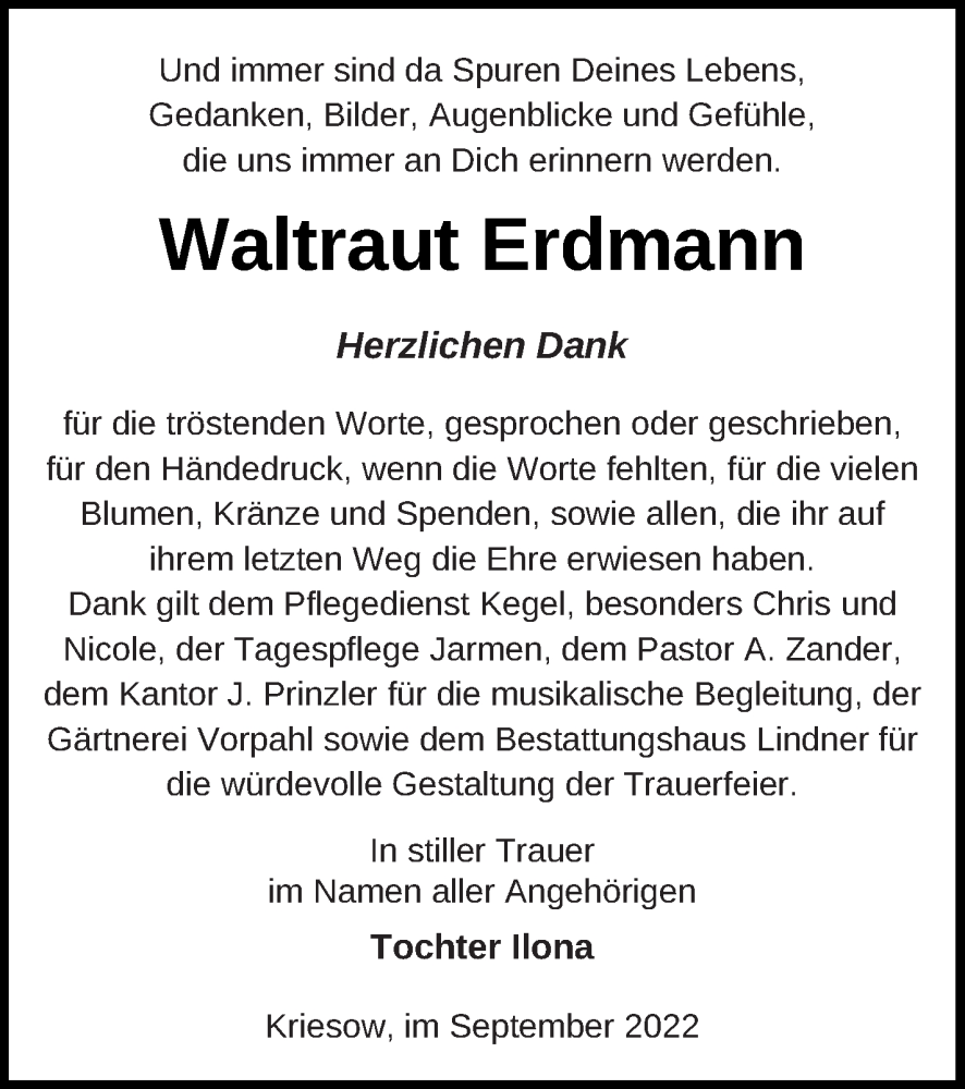  Traueranzeige für Waltraut Erdmann vom 14.10.2022 aus Neubrandenburger Zeitung