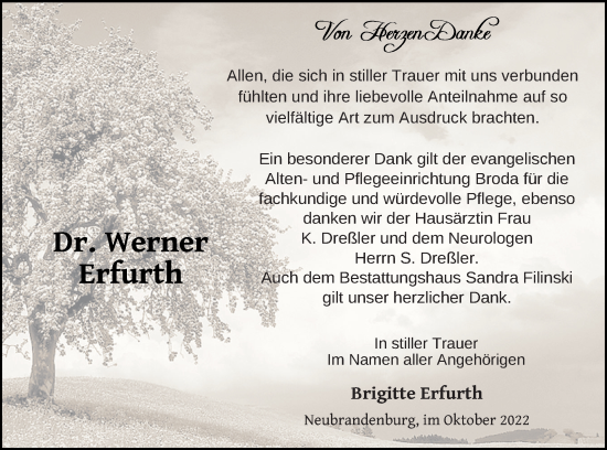 Traueranzeige von Werner Erfurth von Neubrandenburger Zeitung