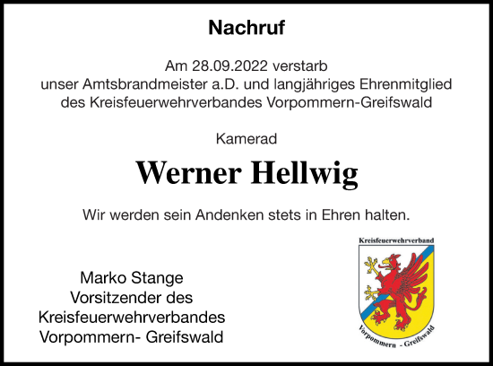 Traueranzeige von Werner Hellwig von Pasewalker Zeitung