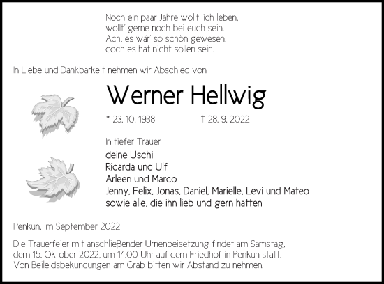 Traueranzeige von Werner Hellwig von Pasewalker Zeitung