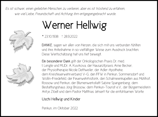 Traueranzeige von Werner Hellwig von Pasewalker Zeitung