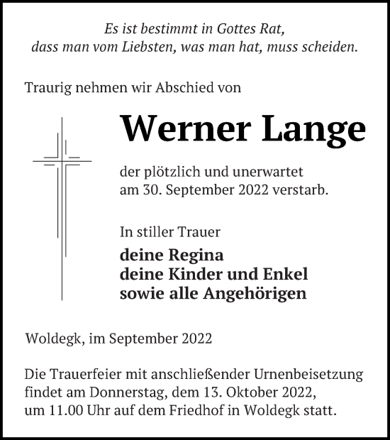 Traueranzeige von Werner Lange von Strelitzer Zeitung