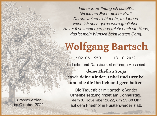 Traueranzeige von Wolfgang Bartsch von Prenzlauer Zeitung