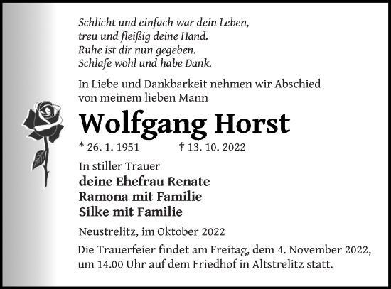 Traueranzeige von Wolfgang Horst von Strelitzer Zeitung