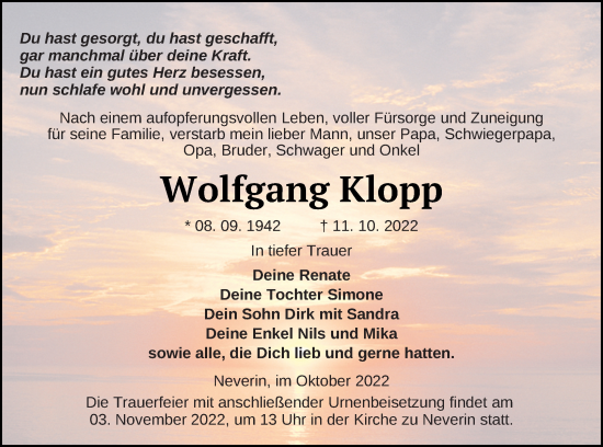 Traueranzeige von Wolfgang Klopp von Neubrandenburger Zeitung